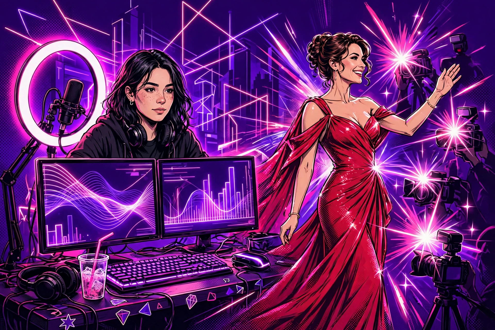 Illustration of a streamer at a neon-lit desk beside a red-carpet celebrity