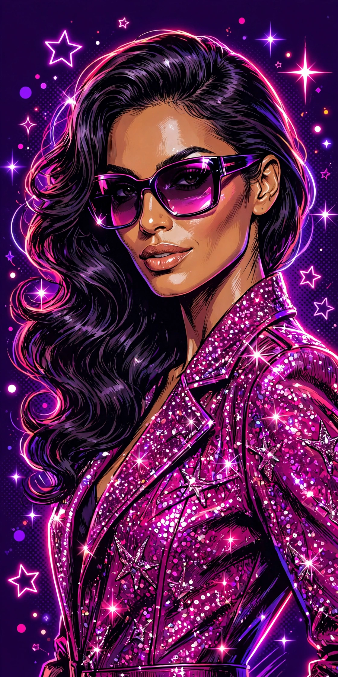 Illustrated portrait for the placeholder star hub — sparkling magenta jacket and sunglasses